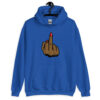 Royal blue hoodie sweatshirt with a graphic of a brown hand showing the middle finger with red nail polish printed on the front.
