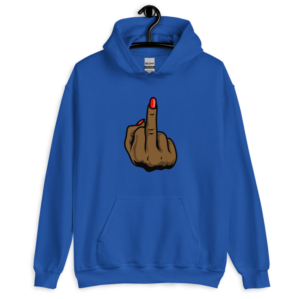 Royal blue hoodie sweatshirt with a graphic of a brown hand showing the middle finger with red nail polish printed on the front.