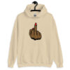 Sand color hoodie sweatshirt with a graphic of a brown hand showing the middle finger with red nail polish printed on the front.