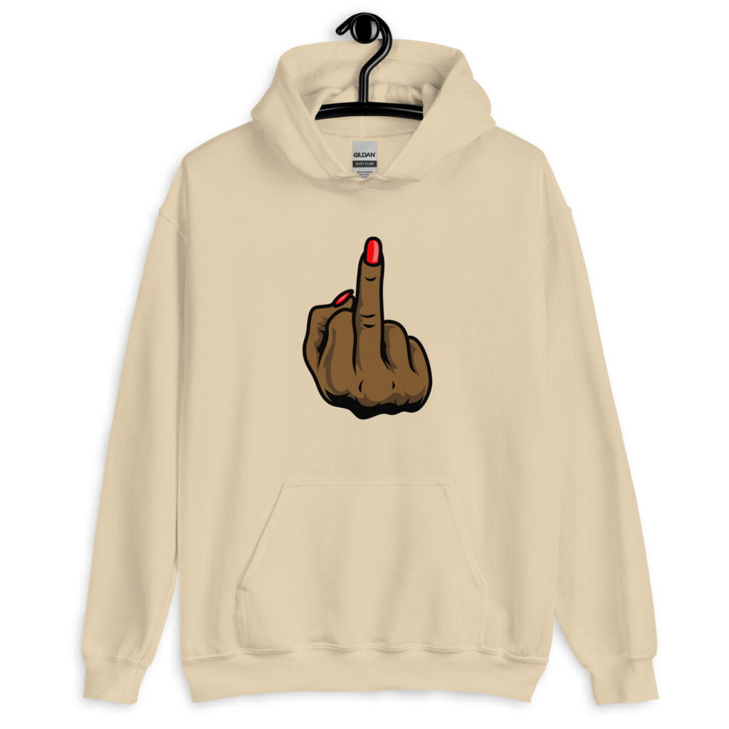 Sand color hoodie sweatshirt with a graphic of a brown hand showing the middle finger with red nail polish printed on the front.