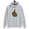 Sport grey hoodie sweatshirt with a graphic of a brown hand showing the middle finger with red nail polish printed on the front.