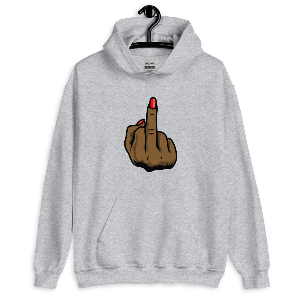 Sport grey hoodie sweatshirt with a graphic of a brown hand showing the middle finger with red nail polish printed on the front.