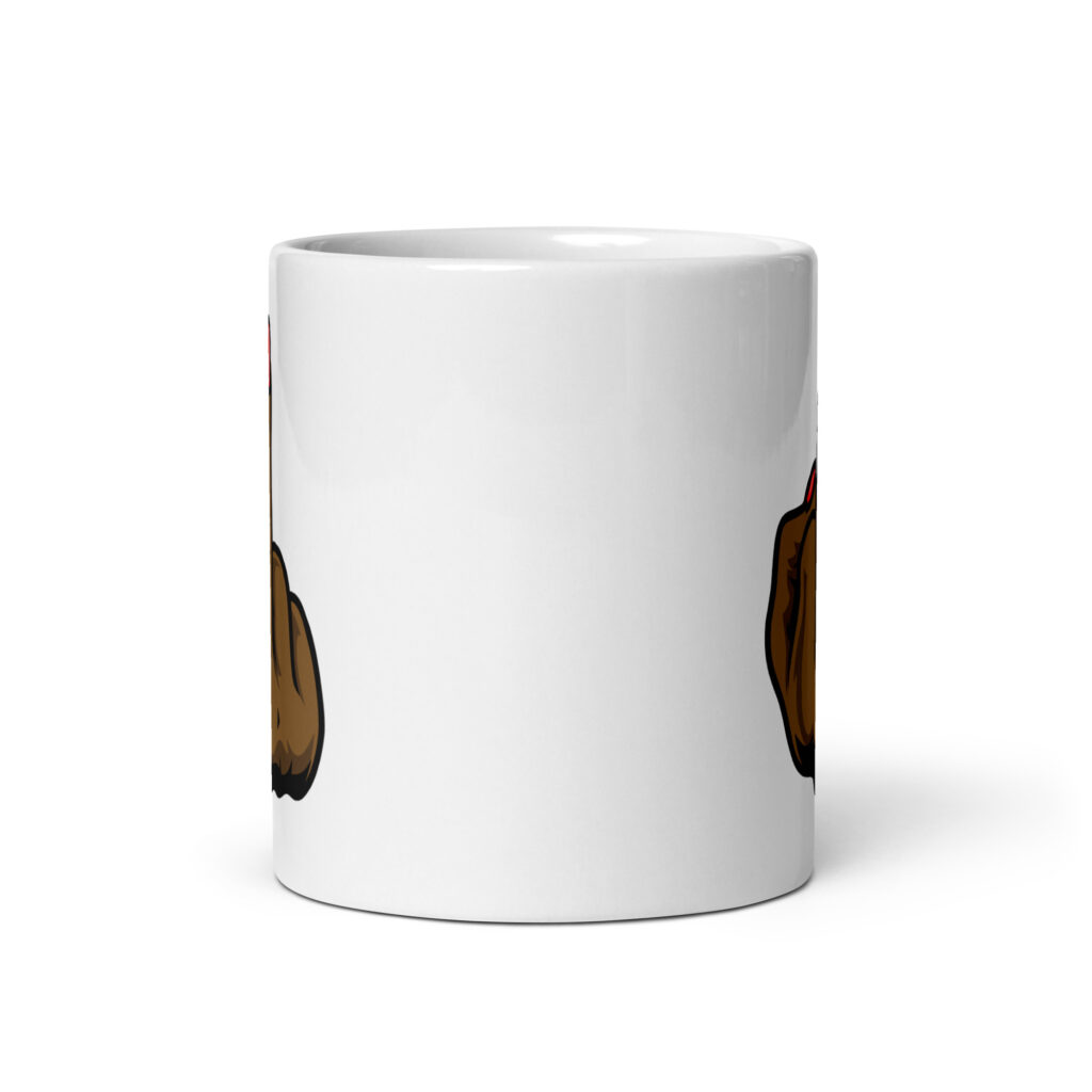 White ceramic mug with a graphic of a brown hand showing the middle finger with red nail polish. The graphic is printed on both sides of the mug.