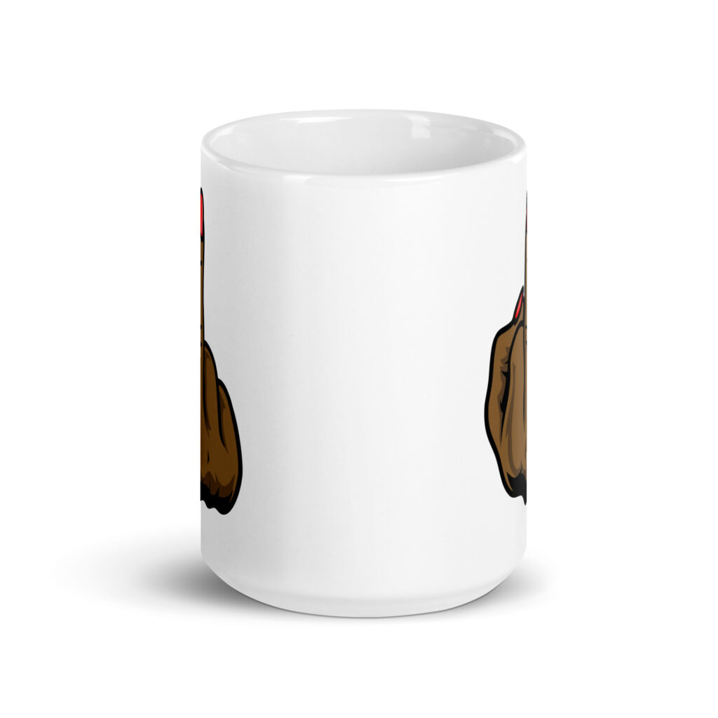 White ceramic mug with a graphic of a brown hand showing the middle finger with red nail polish. The graphic is printed on both sides of the mug.