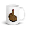 White ceramic mug with a graphic of a brown hand showing the middle finger with red nail polish. The graphic is printed on both sides of the mug.