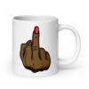 White ceramic mug with a graphic of a brown hand showing the middle finger with red nail polish. The graphic is printed on both sides of the mug.