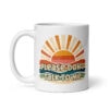 White ceramic mug with a retro sunrise design and the text 'Please don't talk to me' printed on both sides.