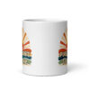 White ceramic mug with a retro sunrise design and the text 'Please don't talk to me' printed on both sides.