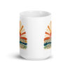 White ceramic mug with a retro sunrise design and the text 'Please don't talk to me' printed on both sides.