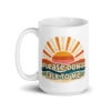 White ceramic mug with a retro sunrise design and the text 'Please don't talk to me' printed on both sides.