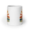 White ceramic mug with a retro sunrise design and the text 'Please don't talk to me' printed on both sides.