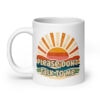 White ceramic mug with a retro sunrise design and the text 'Please don't talk to me' printed on both sides.