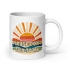 White ceramic mug with a retro sunrise design and the text 'Please don't talk to me' printed on both sides.