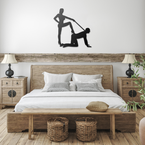 Rustic bedroom with wooden bed frame, neutral bedding, and black steel wall art mounted above the headboard.