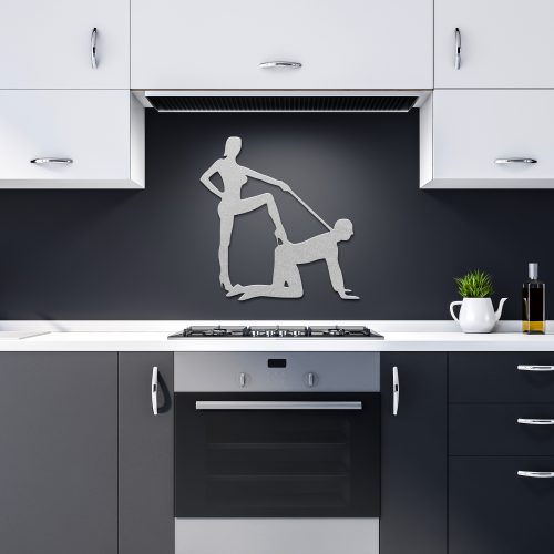 Contemporary kitchen with black backsplash and silver steel wall art mounted above the stove.