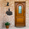 Front porch with brick wall, wooden door, and black steel wall art mounted beside an outdoor light fixture.