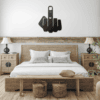 Rustic bedroom with wooden bed frame, neutral bedding, and black steel wall art mounted above the headboard.