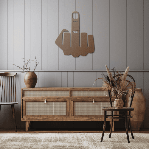 Warm modern living space with wood furniture, neutral wall paneling, and copper steel wall art mounted above a sideboard.