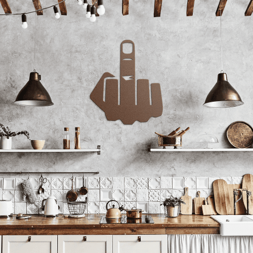 Rustic kitchen with concrete wall, wooden beams, and copper steel wall art mounted between two pendant lights.