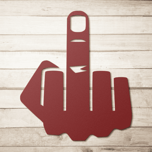 Red die‑cut steel wall art displayed on light wood panel background.