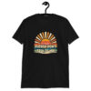 Black t-shirt with a retro sunrise design and the text 'Please don't talk to me' printed on the front.