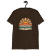 Chocolate brown t-shirt with a retro sunrise design and the text 'Please don't talk to me' printed on the front.