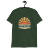 Forest green t-shirt with a retro sunrise design and the text 'Please don't talk to me' printed on the front.