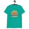Jade color t-shirt with a retro sunrise design and the text 'Please don't talk to me' printed on the front.