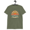 Military green t-shirt with a retro sunrise design and the text 'Please don't talk to me' printed on the front.