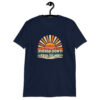 Navy blue t-shirt with a retro sunrise design and the text 'Please don't talk to me' printed on the front.