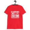 Red t-shirt with bold white text reading ‘Adulting is a Scam’ in mixed block and distressed fonts. The design includes a smiley face, star, and flower icons, with a checkerboard stripe along the bottom.