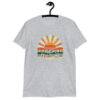 Sport grey t-shirt with a retro sunrise design and the text 'Please don't talk to me' printed on the front.
