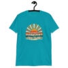 Tropical blue t-shirt with a retro sunrise design and the text 'Please don't talk to me' printed on the front.