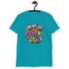 Tropical blue t-shirt with a retro frog and the phrase “On My Way to Fuck Shit Up” printed on the front.