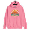Azalea pink hoodie sweatshirt with a retro sunrise design and the text 'Please don't talk to me' printed on the front.