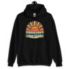 Black hoodie sweatshirt with a retro sunrise design and the text 'Please don't talk to me' printed on the front.