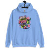 Carolina blue hoodie with a retro frog and the phrase “On My Way to Fuck Shit Up” printed on the front.