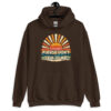 Chocolate brown hoodie sweatshirt with a retro sunrise design and the text 'Please don't talk to me' printed on the front.