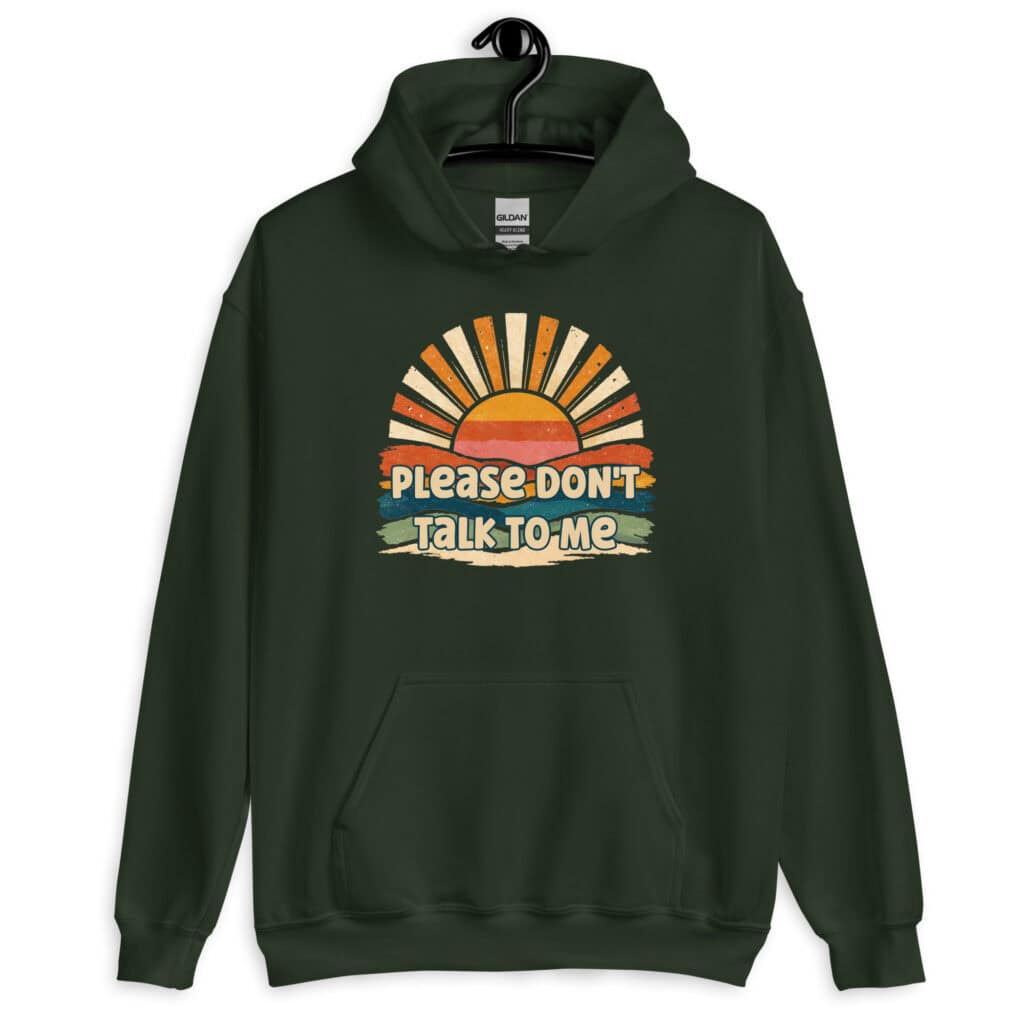 Forest green hoodie sweatshirt with a retro sunrise design and the text 'Please don't talk to me' printed on the front.