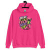 Pink hoodie with a retro frog and the phrase “On My Way to Fuck Shit Up” printed on the front.