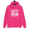 Heliconia pink hoodie sweatshirt with bold white text reading ‘Adulting is a Scam’ in mixed block and distressed fonts. The design includes a smiley face, star, and flower icons, with a checkerboard stripe along the bottom.