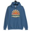 Indigo blue hoodie sweatshirt with a retro sunrise design and the text 'Please don't talk to me' printed on the front.