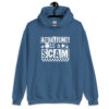 Indigo blue hoodie sweatshirt with bold white text reading ‘Adulting is a Scam’ in mixed block and distressed fonts. The design includes a smiley face, star, and flower icons, with a checkerboard stripe along the bottom.