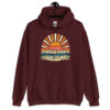 Maroon hoodie sweatshirt with a retro sunrise design and the text 'Please don't talk to me' printed on the front.