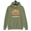 Military green hoodie sweatshirt with a retro sunrise design and the text 'Please don't talk to me' printed on the front.