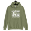 Military green hoodie with bold white text reading ‘Adulting is a Scam’ in mixed block and distressed fonts. The design includes a smiley face, star, and flower icons, with a checkerboard stripe along the bottom.