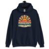 Navy blue hoodie sweatshirt with a retro sunrise design and the text 'Please don't talk to me' printed on the front.