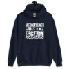Navy blue hoodie sweatshirt with bold white text reading ‘Adulting is a Scam’ in mixed block and distressed fonts. The design includes a smiley face, star, and flower icons, with a checkerboard stripe along the bottom.