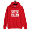 Red hoodie sweatshirt with bold white text reading ‘Adulting is a Scam’ in mixed block and distressed fonts. The design includes a smiley face, star, and flower icons, with a checkerboard stripe along the bottom.