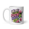 White mug with a retro frog and the phrase “On My Way to Fuck Shit Up.”